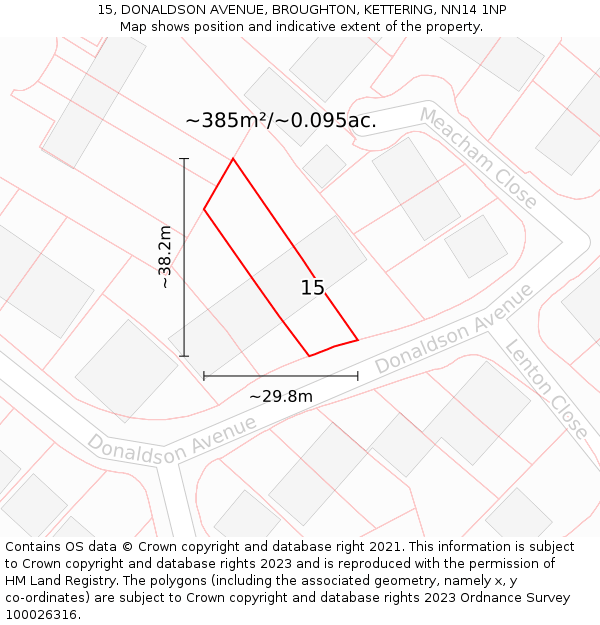 15, DONALDSON AVENUE, BROUGHTON, KETTERING, NN14 1NP: Plot and title map