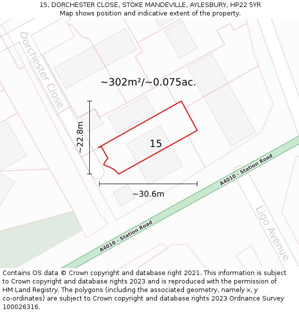 15, DORCHESTER CLOSE, STOKE MANDEVILLE, AYLESBURY, HP22 5YR: Plot and title map