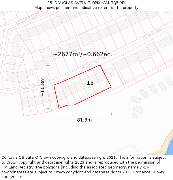 15, DOUGLAS AVENUE, BRIXHAM, TQ5 9EL: Plot and title map