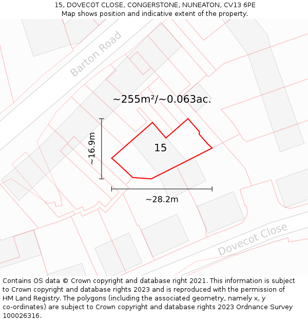 15, DOVECOT CLOSE, CONGERSTONE, NUNEATON, CV13 6PE: Plot and title map