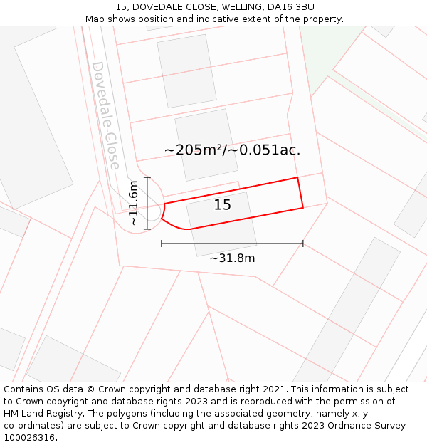 15, DOVEDALE CLOSE, WELLING, DA16 3BU: Plot and title map