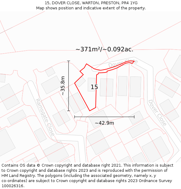 15, DOVER CLOSE, WARTON, PRESTON, PR4 1YG: Plot and title map