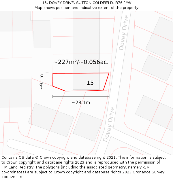 15, DOVEY DRIVE, SUTTON COLDFIELD, B76 1YW: Plot and title map