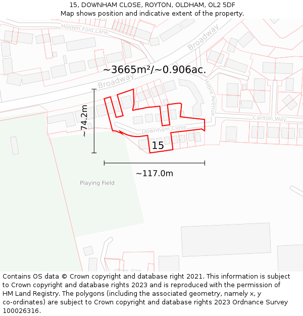 15, DOWNHAM CLOSE, ROYTON, OLDHAM, OL2 5DF: Plot and title map