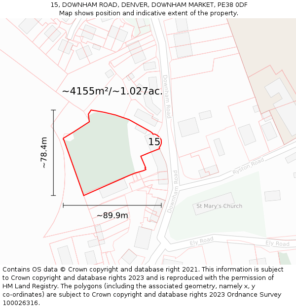 15, DOWNHAM ROAD, DENVER, DOWNHAM MARKET, PE38 0DF: Plot and title map