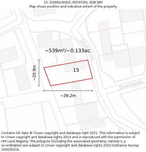 15, DOWNLANDS, ROYSTON, SG8 5BY: Plot and title map