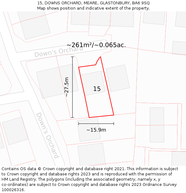 15, DOWNS ORCHARD, MEARE, GLASTONBURY, BA6 9SQ: Plot and title map