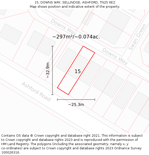 15, DOWNS WAY, SELLINDGE, ASHFORD, TN25 6EZ: Plot and title map