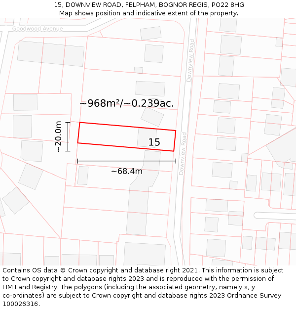 15, DOWNVIEW ROAD, FELPHAM, BOGNOR REGIS, PO22 8HG: Plot and title map