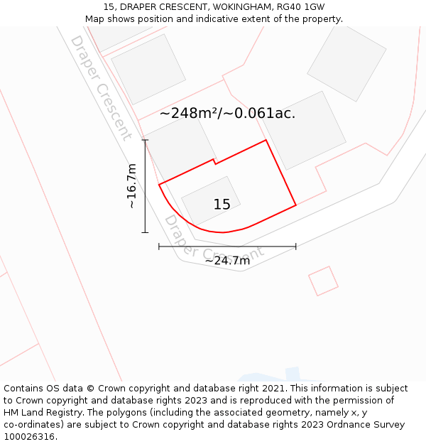 15, DRAPER CRESCENT, WOKINGHAM, RG40 1GW: Plot and title map
