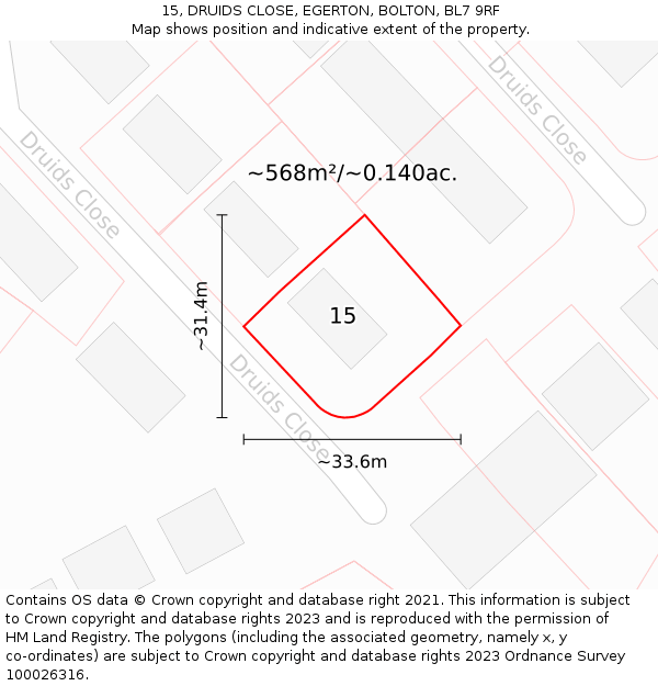 15, DRUIDS CLOSE, EGERTON, BOLTON, BL7 9RF: Plot and title map