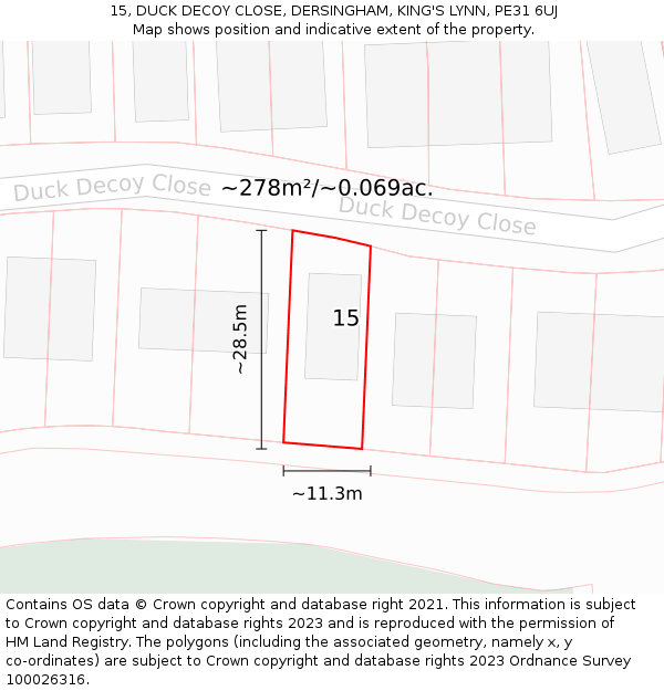 15, DUCK DECOY CLOSE, DERSINGHAM, KING'S LYNN, PE31 6UJ: Plot and title map