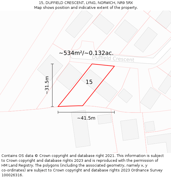 15, DUFFIELD CRESCENT, LYNG, NORWICH, NR9 5RX: Plot and title map