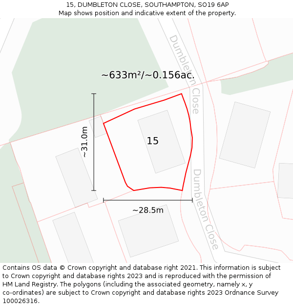 15, DUMBLETON CLOSE, SOUTHAMPTON, SO19 6AP: Plot and title map