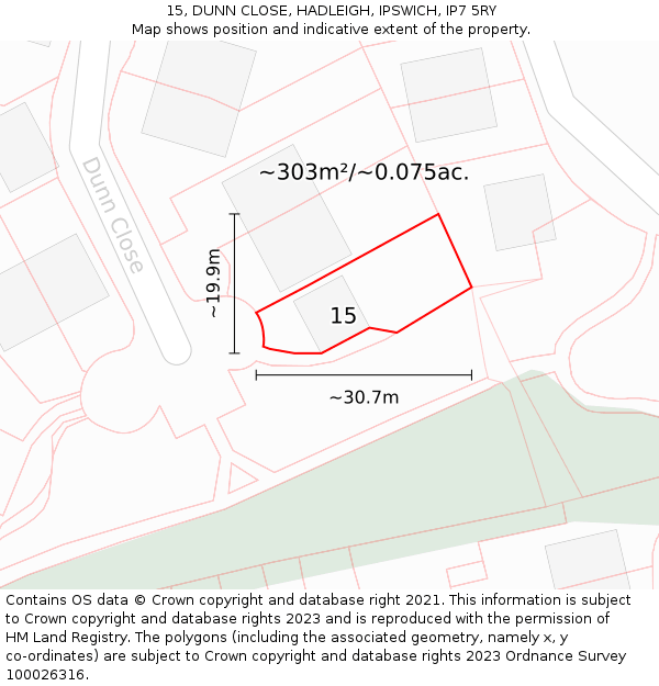 15, DUNN CLOSE, HADLEIGH, IPSWICH, IP7 5RY: Plot and title map