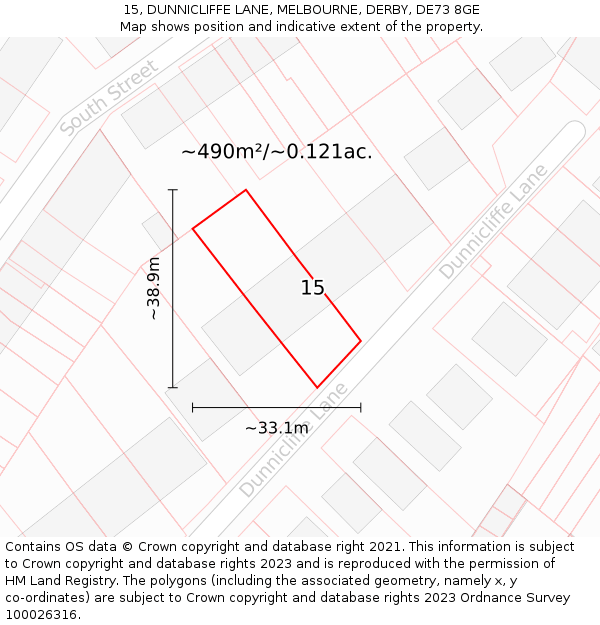 15, DUNNICLIFFE LANE, MELBOURNE, DERBY, DE73 8GE: Plot and title map