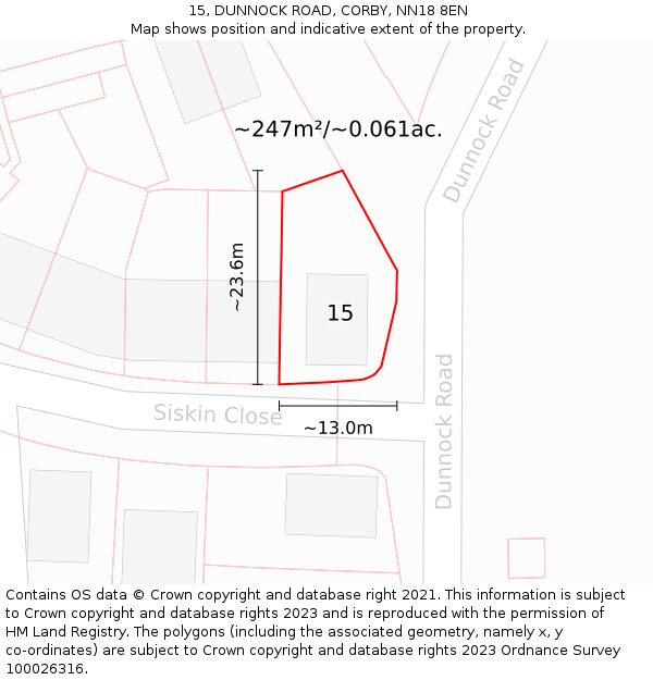 15, DUNNOCK ROAD, CORBY, NN18 8EN: Plot and title map