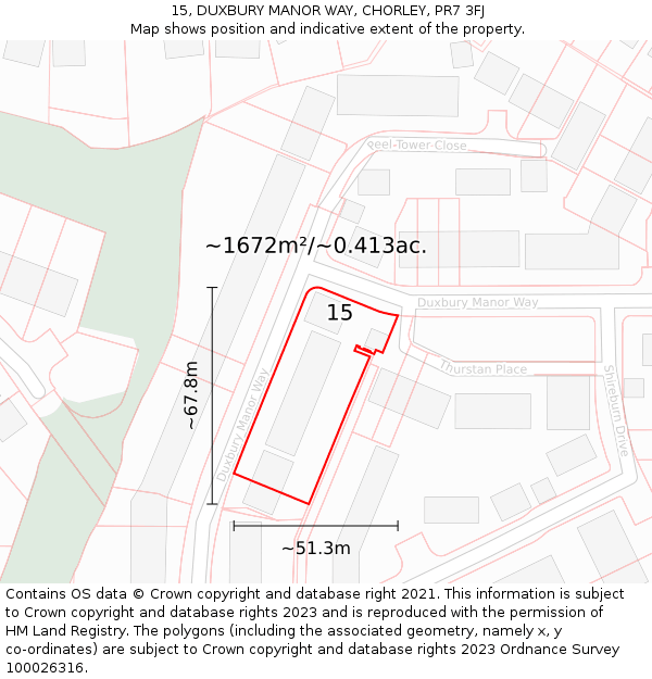 15, DUXBURY MANOR WAY, CHORLEY, PR7 3FJ: Plot and title map