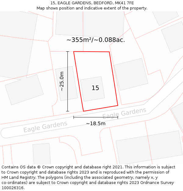 15, EAGLE GARDENS, BEDFORD, MK41 7FE: Plot and title map
