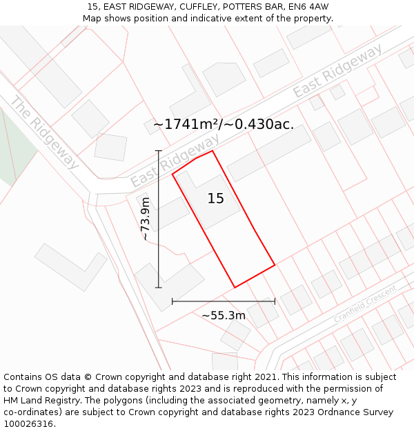 15, EAST RIDGEWAY, CUFFLEY, POTTERS BAR, EN6 4AW: Plot and title map