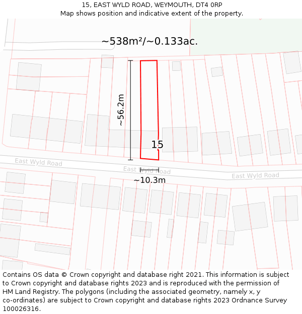 15, EAST WYLD ROAD, WEYMOUTH, DT4 0RP: Plot and title map
