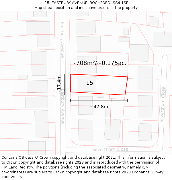 15, EASTBURY AVENUE, ROCHFORD, SS4 1SE: Plot and title map