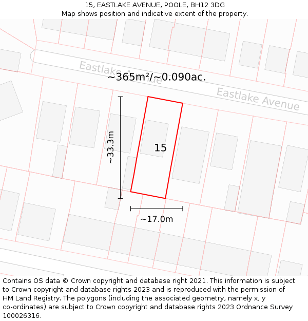 15, EASTLAKE AVENUE, POOLE, BH12 3DG: Plot and title map