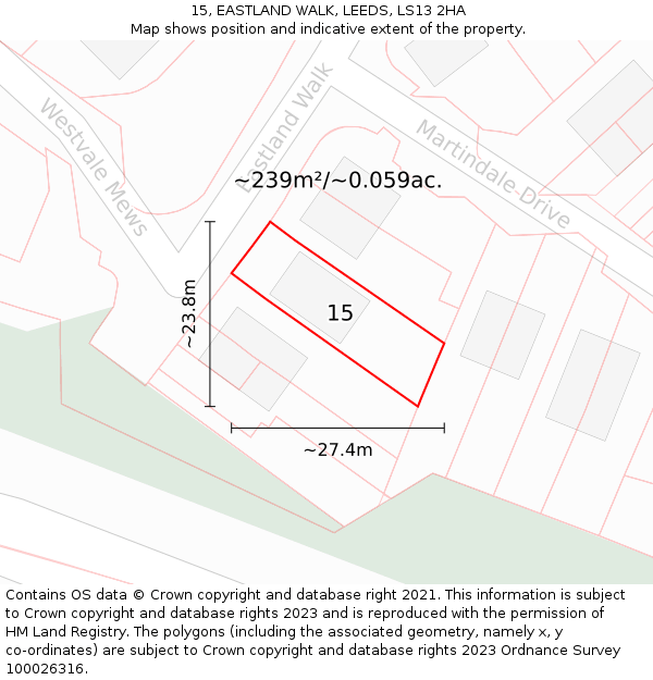 15, EASTLAND WALK, LEEDS, LS13 2HA: Plot and title map