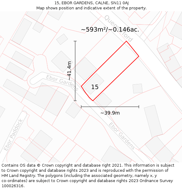15, EBOR GARDENS, CALNE, SN11 0AJ: Plot and title map