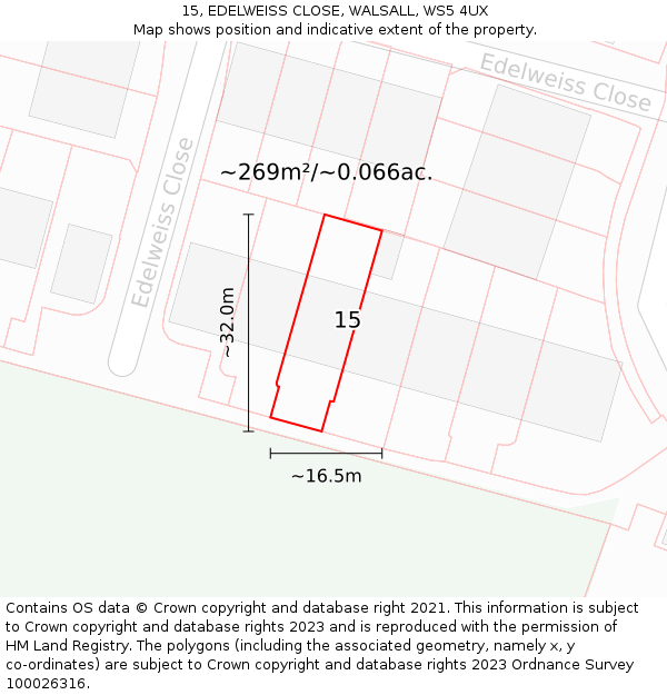 15, EDELWEISS CLOSE, WALSALL, WS5 4UX: Plot and title map