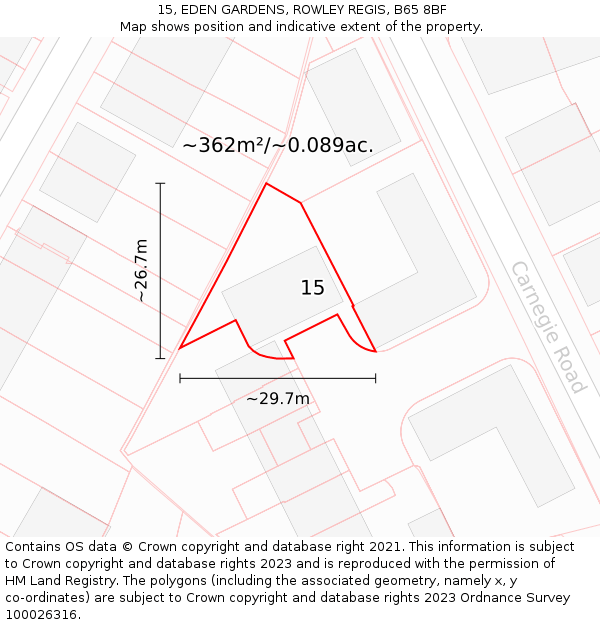 15, EDEN GARDENS, ROWLEY REGIS, B65 8BF: Plot and title map