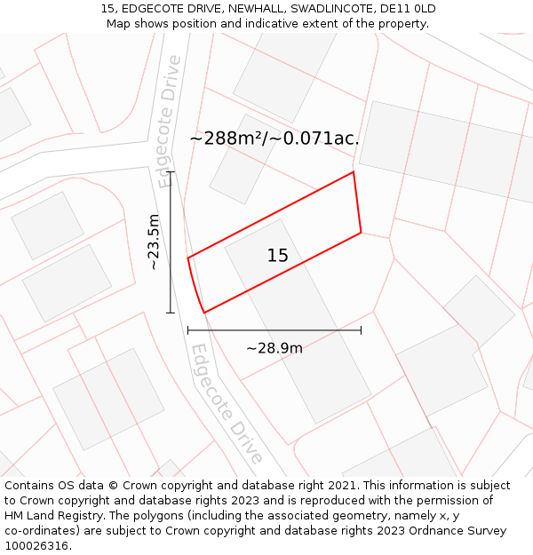 15, EDGECOTE DRIVE, NEWHALL, SWADLINCOTE, DE11 0LD: Plot and title map