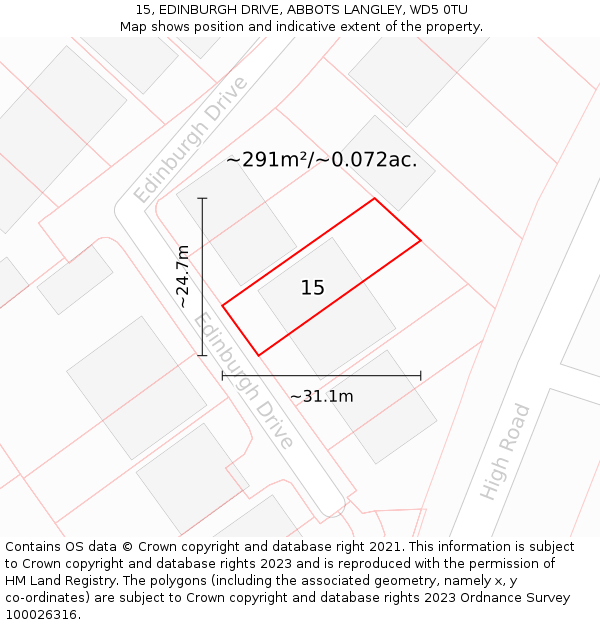 15, EDINBURGH DRIVE, ABBOTS LANGLEY, WD5 0TU: Plot and title map