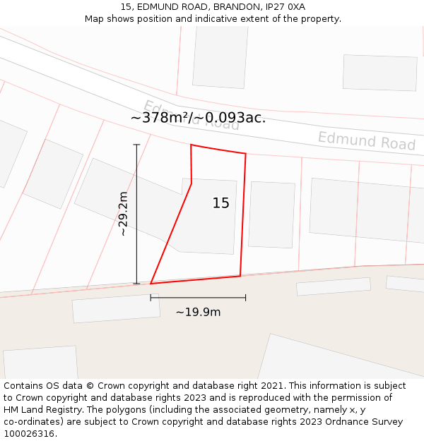 15, EDMUND ROAD, BRANDON, IP27 0XA: Plot and title map