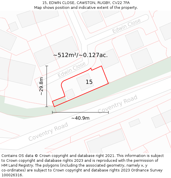15, EDWIN CLOSE, CAWSTON, RUGBY, CV22 7FA: Plot and title map
