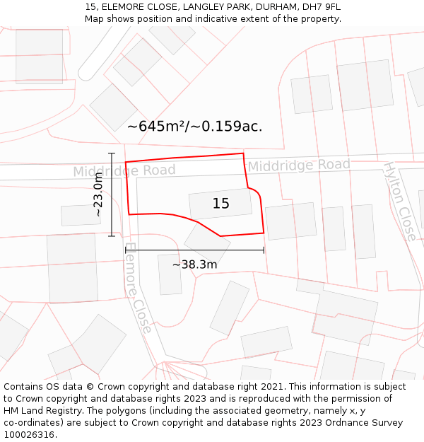 15, ELEMORE CLOSE, LANGLEY PARK, DURHAM, DH7 9FL: Plot and title map