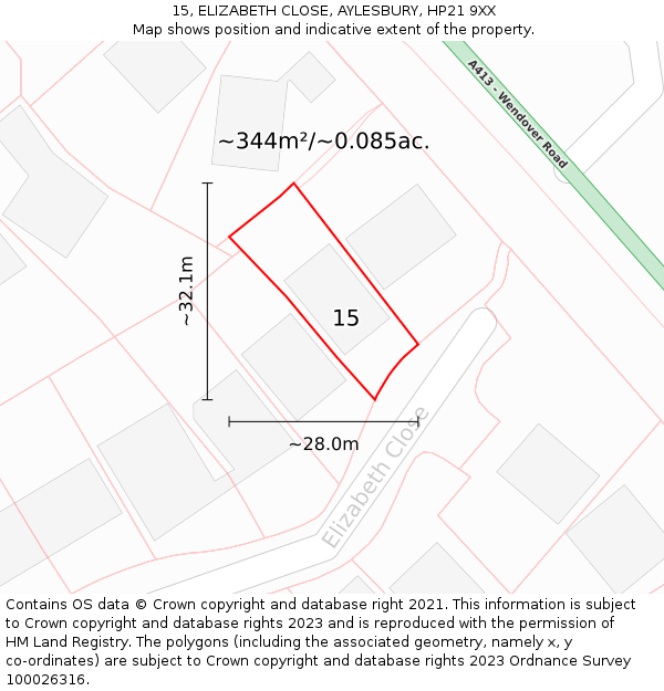 15, ELIZABETH CLOSE, AYLESBURY, HP21 9XX: Plot and title map