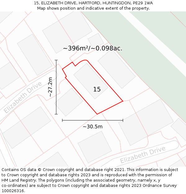 15, ELIZABETH DRIVE, HARTFORD, HUNTINGDON, PE29 1WA: Plot and title map