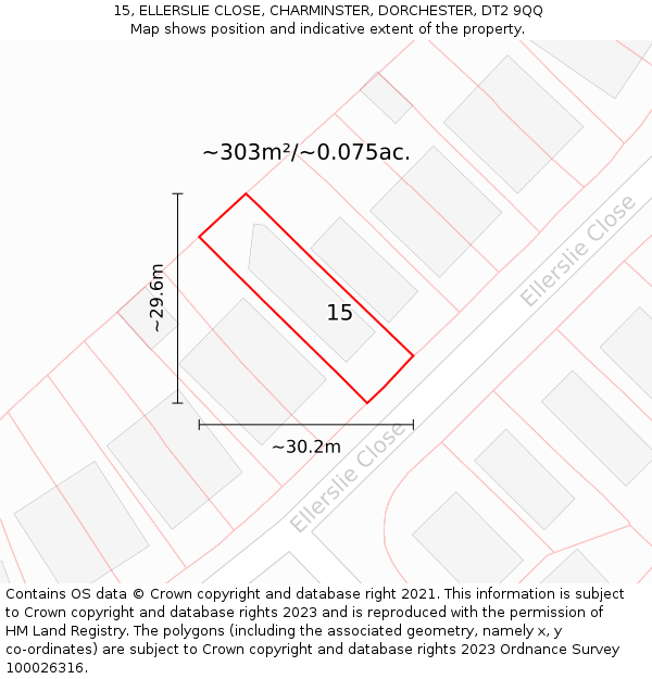15, ELLERSLIE CLOSE, CHARMINSTER, DORCHESTER, DT2 9QQ: Plot and title map