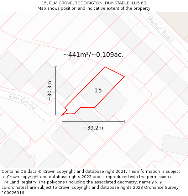 15, ELM GROVE, TODDINGTON, DUNSTABLE, LU5 6BJ: Plot and title map