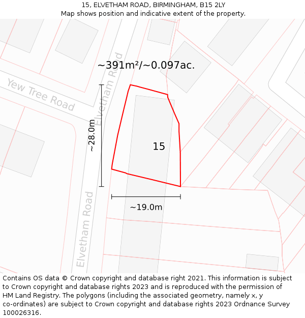 15, ELVETHAM ROAD, BIRMINGHAM, B15 2LY: Plot and title map