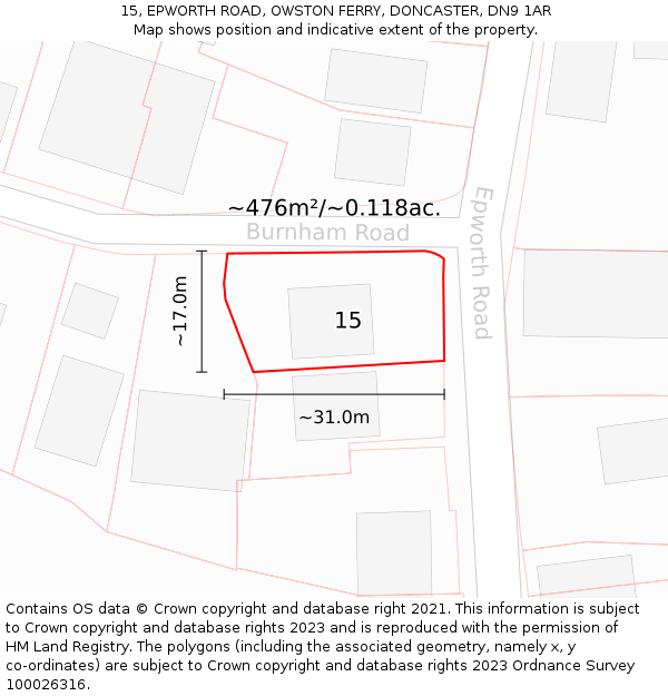 15, EPWORTH ROAD, OWSTON FERRY, DONCASTER, DN9 1AR: Plot and title map