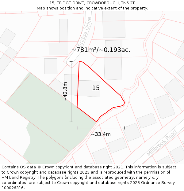 15, ERIDGE DRIVE, CROWBOROUGH, TN6 2TJ: Plot and title map