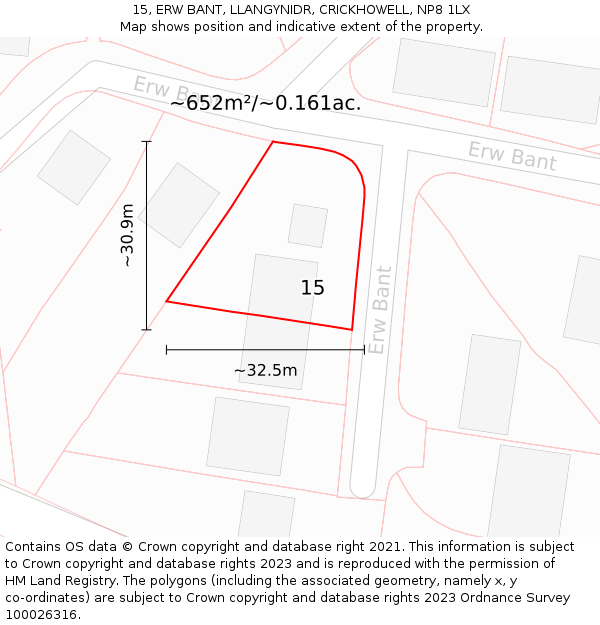 15, ERW BANT, LLANGYNIDR, CRICKHOWELL, NP8 1LX: Plot and title map