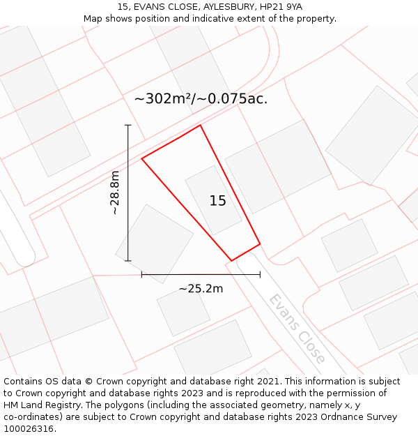 15, EVANS CLOSE, AYLESBURY, HP21 9YA: Plot and title map