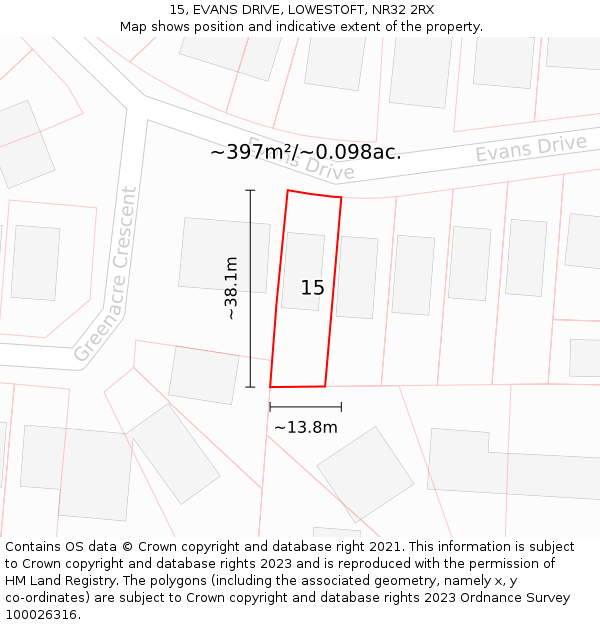 15, EVANS DRIVE, LOWESTOFT, NR32 2RX: Plot and title map