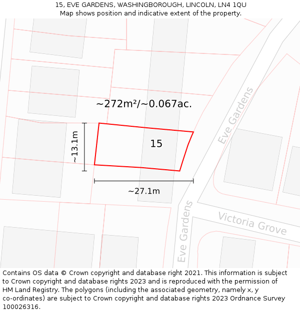 15, EVE GARDENS, WASHINGBOROUGH, LINCOLN, LN4 1QU: Plot and title map