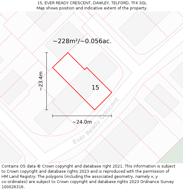15, EVER READY CRESCENT, DAWLEY, TELFORD, TF4 3GL: Plot and title map