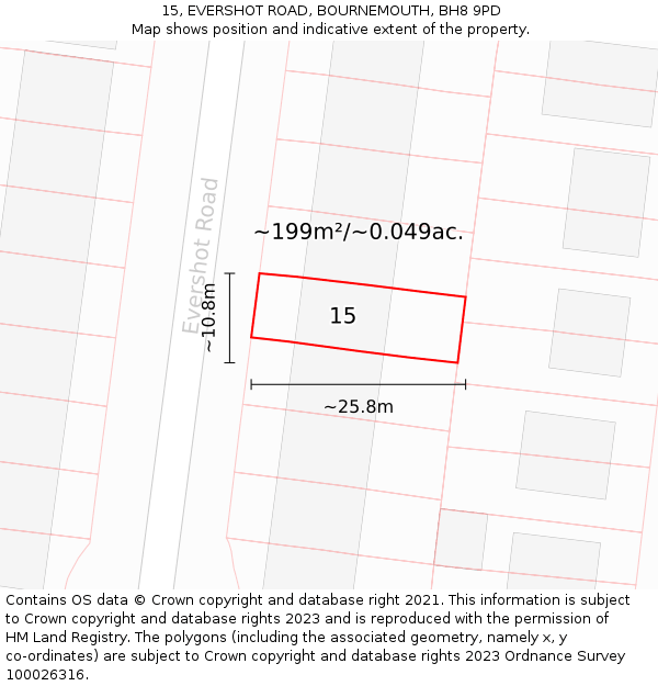 15, EVERSHOT ROAD, BOURNEMOUTH, BH8 9PD: Plot and title map