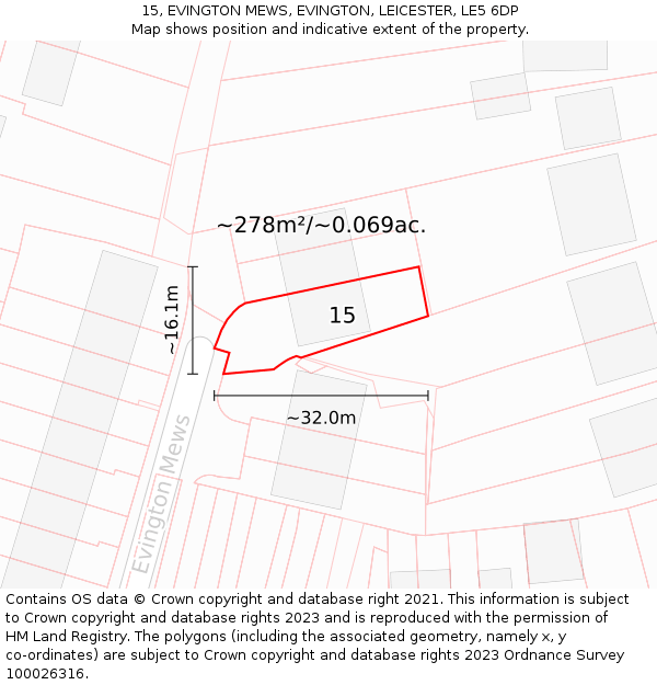 15, EVINGTON MEWS, EVINGTON, LEICESTER, LE5 6DP: Plot and title map